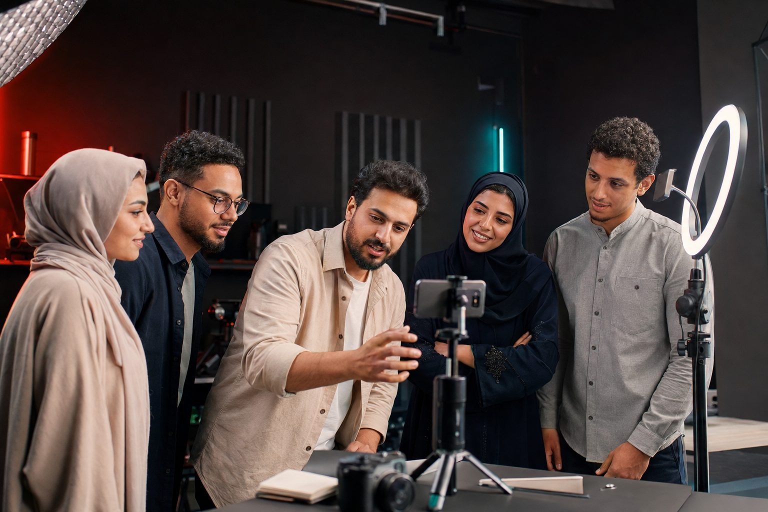 ORO team planning a TikTok LIVE campaign around a phone in the studio